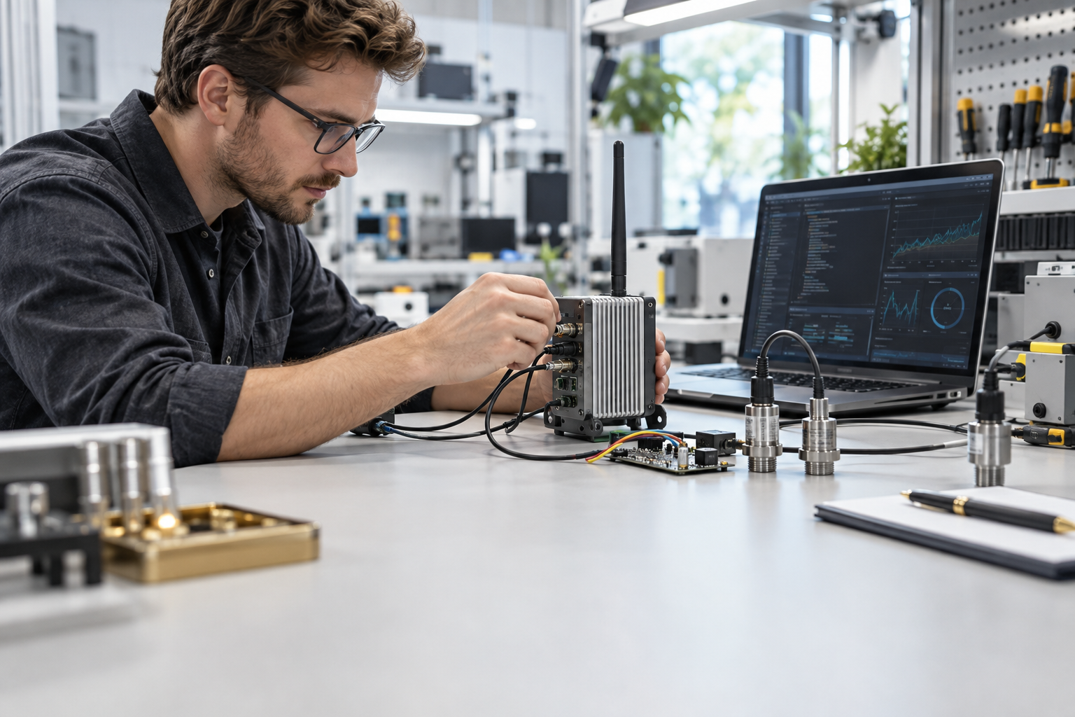 Engineer developing and testing software for a connected industrial IoT device